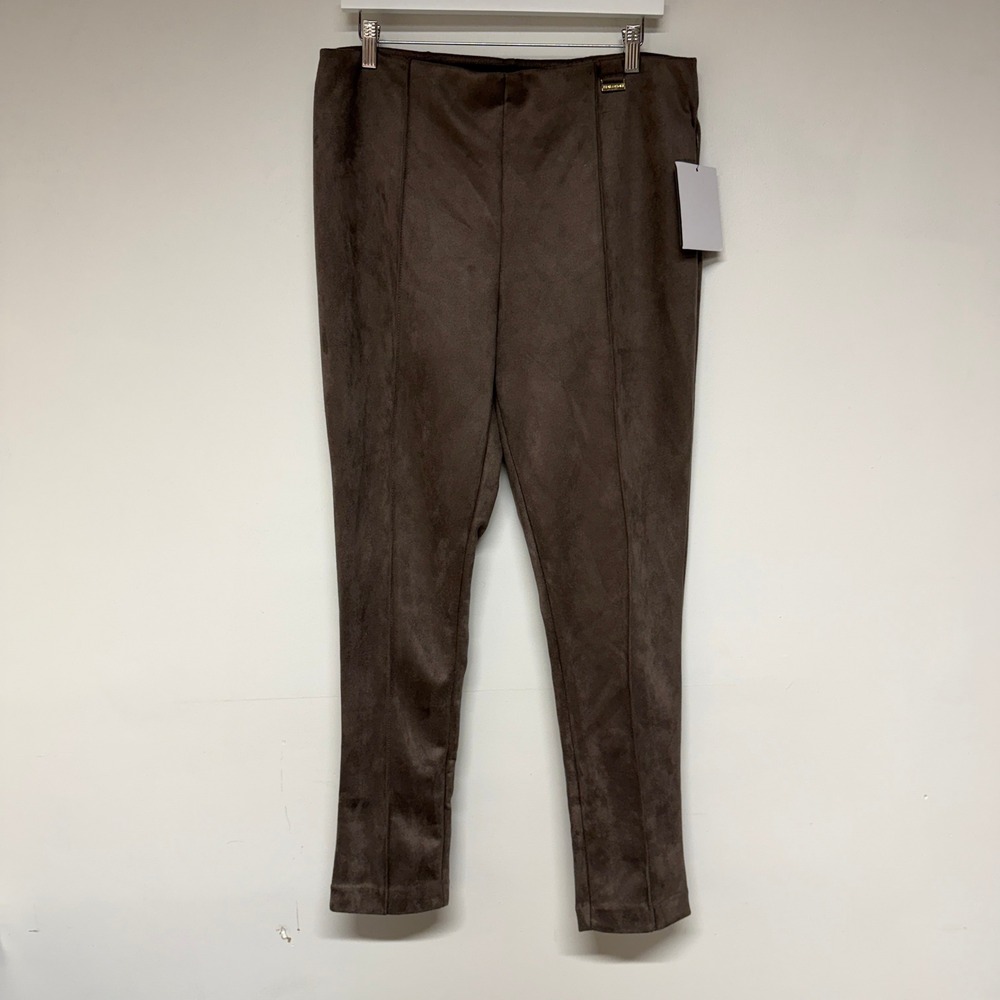 Halston Womens Faux Suede Leggings Size L Brown Seam Detail NEW